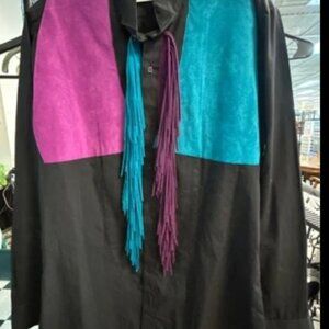 WOMENS bLACK Shirt with Fringe and Color Blocking  TO DY FOR SIZE MEDIUM